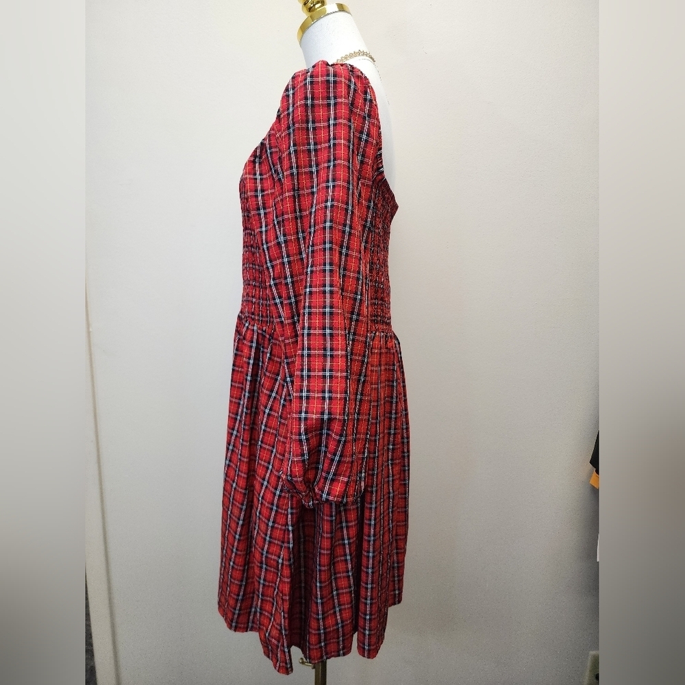 Red Plaid Midi Long Sleeve Dress, Size Xlarge - Picture 3 of 10